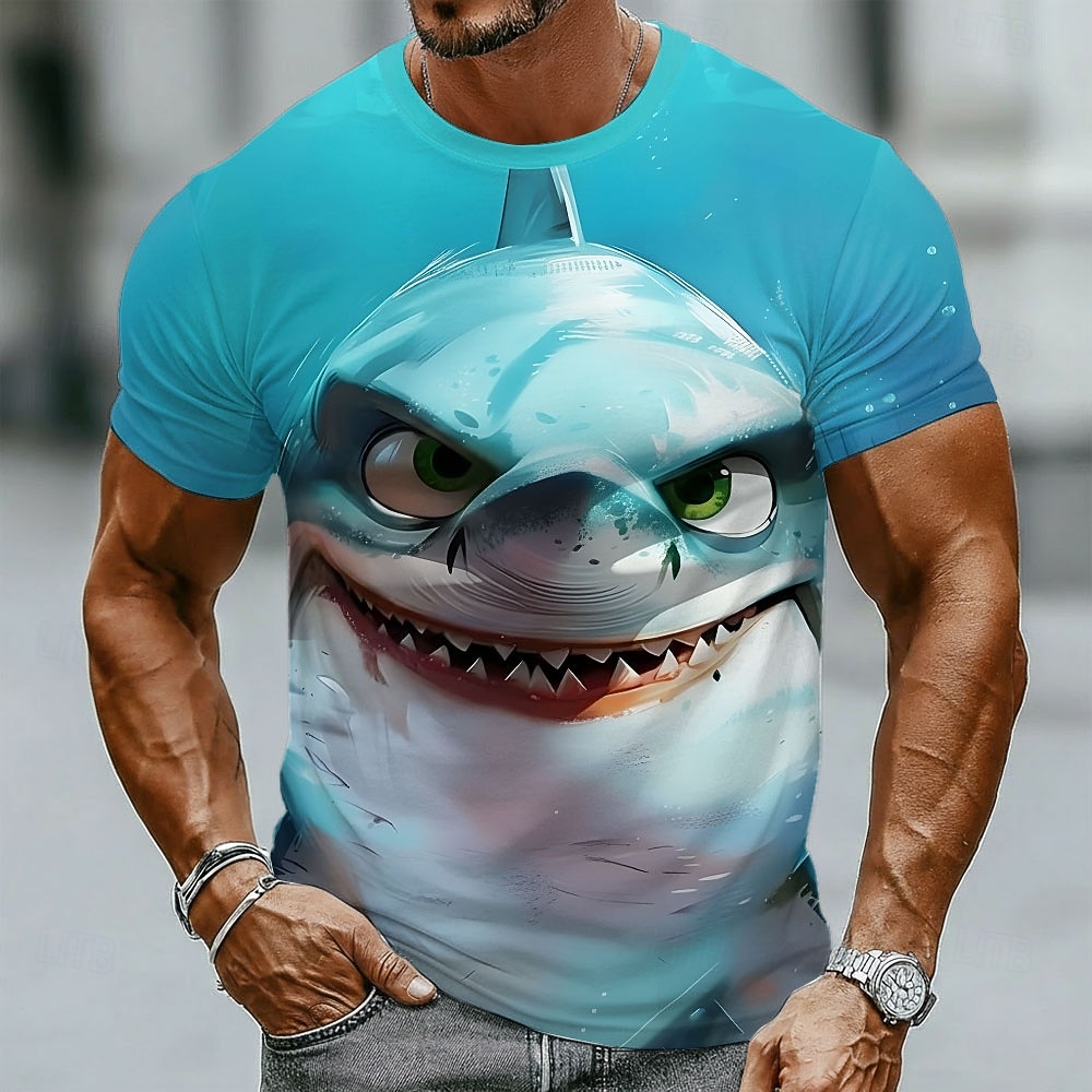 Camiseta masculina com estampa de tubarão bravo de desenho animado, sorrindo, engraçada, peculiar, predador do oceano, gola redonda, manga curta, azul claro, modelagem regular, casual, verão, praia, de 2026 por $19.99 –P3