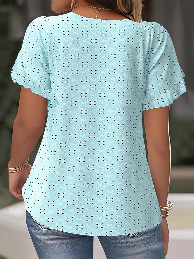 Mujer Parte superior con ojales Camiseta de punto Camiseta de encaje Color sólido Elegante Manga Corta Cuello Barco Tops regulares Casual Diario Fin de semana Bleu Ciel Verano Primavera 2026 - $25.99 –P3