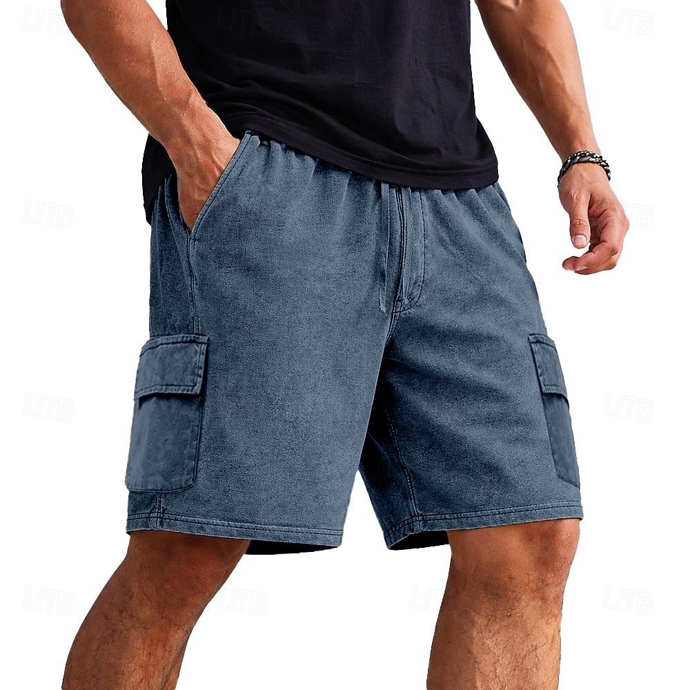 Shorts cargo pour homme SoftFade™ Shorts 100 % coton Shorts délavés avec poches Taille élastique Unie Lavée Confortable Respirant Longueur genoux Décontracté Extérieur Plage Vacances Mode Noir Marine de 2026 ? $31.99 –P4