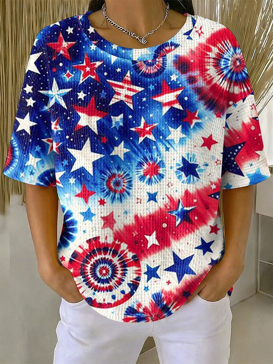 día de la independencia americana Mujer Camiseta con diseño de gofre Tops tejidos con textura Graphic Bandera estadounidense Elegante Clásico Manga Corta Cuello Barco Tops regulares Casual Diario 2026 - $21.99 –P1