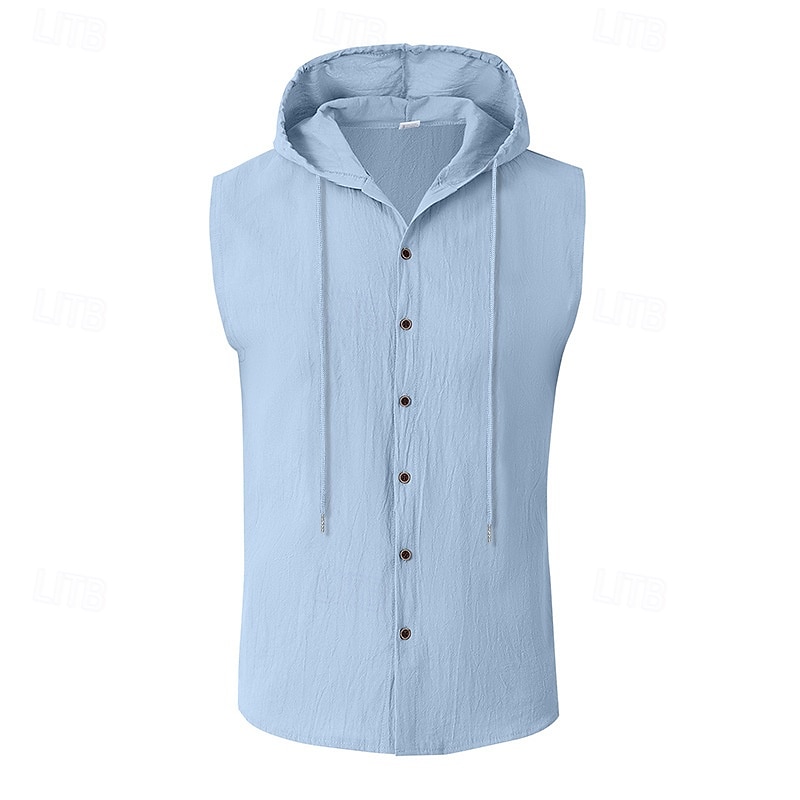 رجالي قميص قميص كتان قميص صيفي ملابس الشاطئ زر حتى القميص قميص مقنع لون الصلبة عطلة شارع أزرق أسود أبيض أخضر بدون كم مع قبعة الصيف الربيع ملابس 2026 - $21.99 –P8