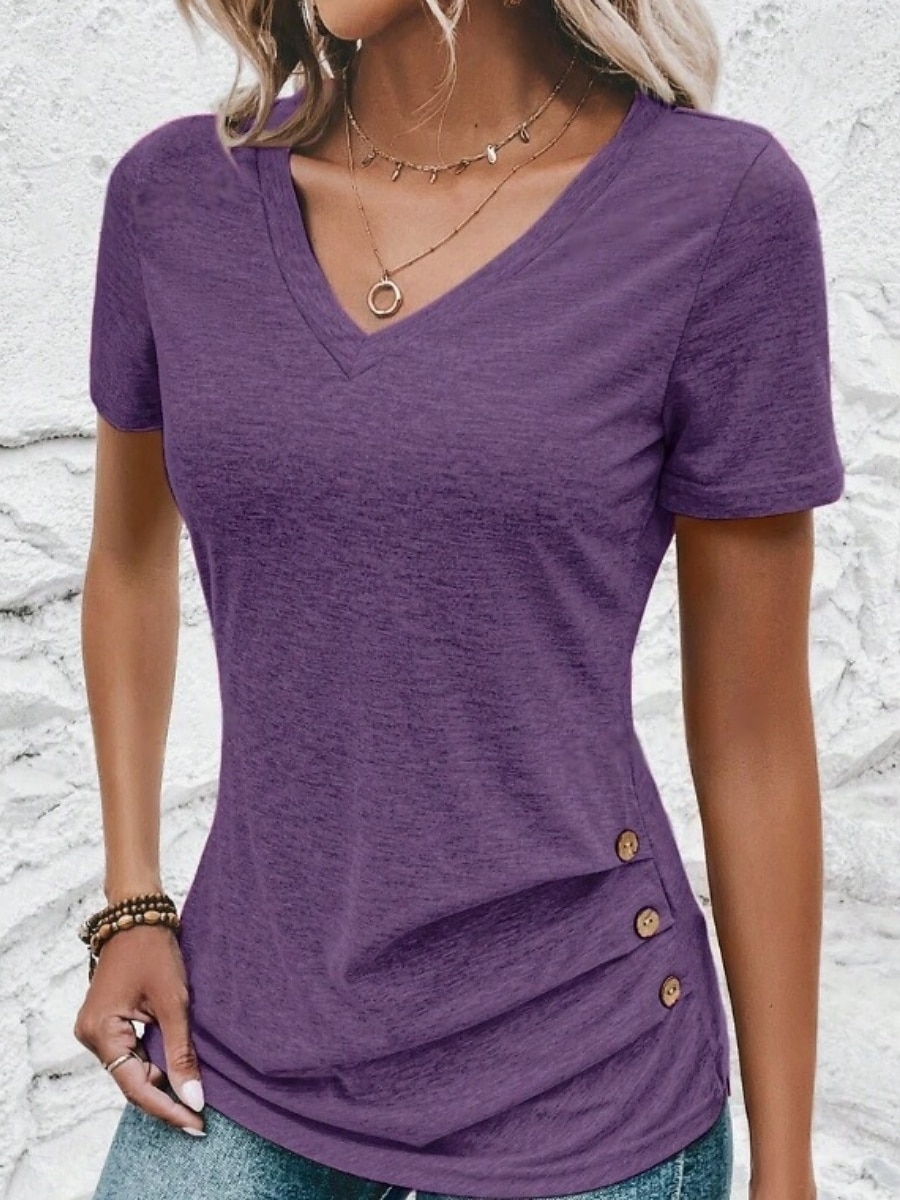 Per donna Maglietta Tinta unica Moda Classico Casual Manica Corta Scollo a V Top Regolari Quotidiano Uscire Weekend Verde militare Rosso Viola Rosa Grigio Estate Primavera del 2026 a $17.49 –P6