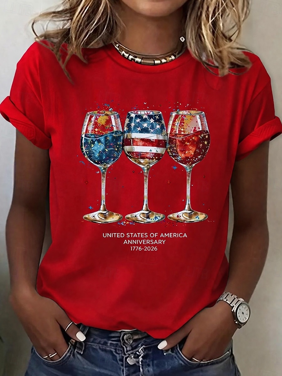 día de la independencia americana Mujer Camiseta Estampado Graphic Bandera Copa de vino Elegante Clásico Casual Manga Corta Cuello Barco Tops regulares Diario Azul Piscina Blanco Amarillo Rojo Negro 2026 - $7.99 –P6