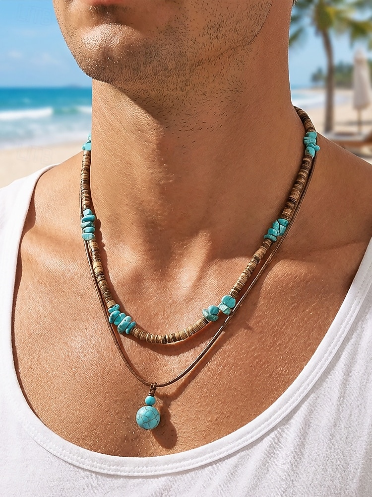 Ανδρικό κολιέ μποέμ με κέλυφος καρύδας και τυρκουάζ, μπλε και καφέ κολιέ με χάντρες σε στρώσεις για διακοπές στην παραλία, ρούχα σε θέρετρα, casual καλοκαιρινά ρούχα και καθημερινή χρήση 2026 - $4.99 –P1