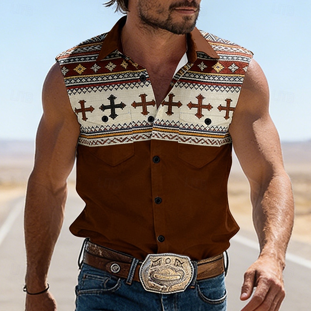 Hombre Cruz Étnico Bloqueo de color camisa occidental Camisa vaquera Camisa sin mangas Sin Mangas Vintage estilo occidental Exterior Vacaciones Verano Primavera Cuello Vuelto Impresión 3D Camisas con 2026 - $27.99 –P5