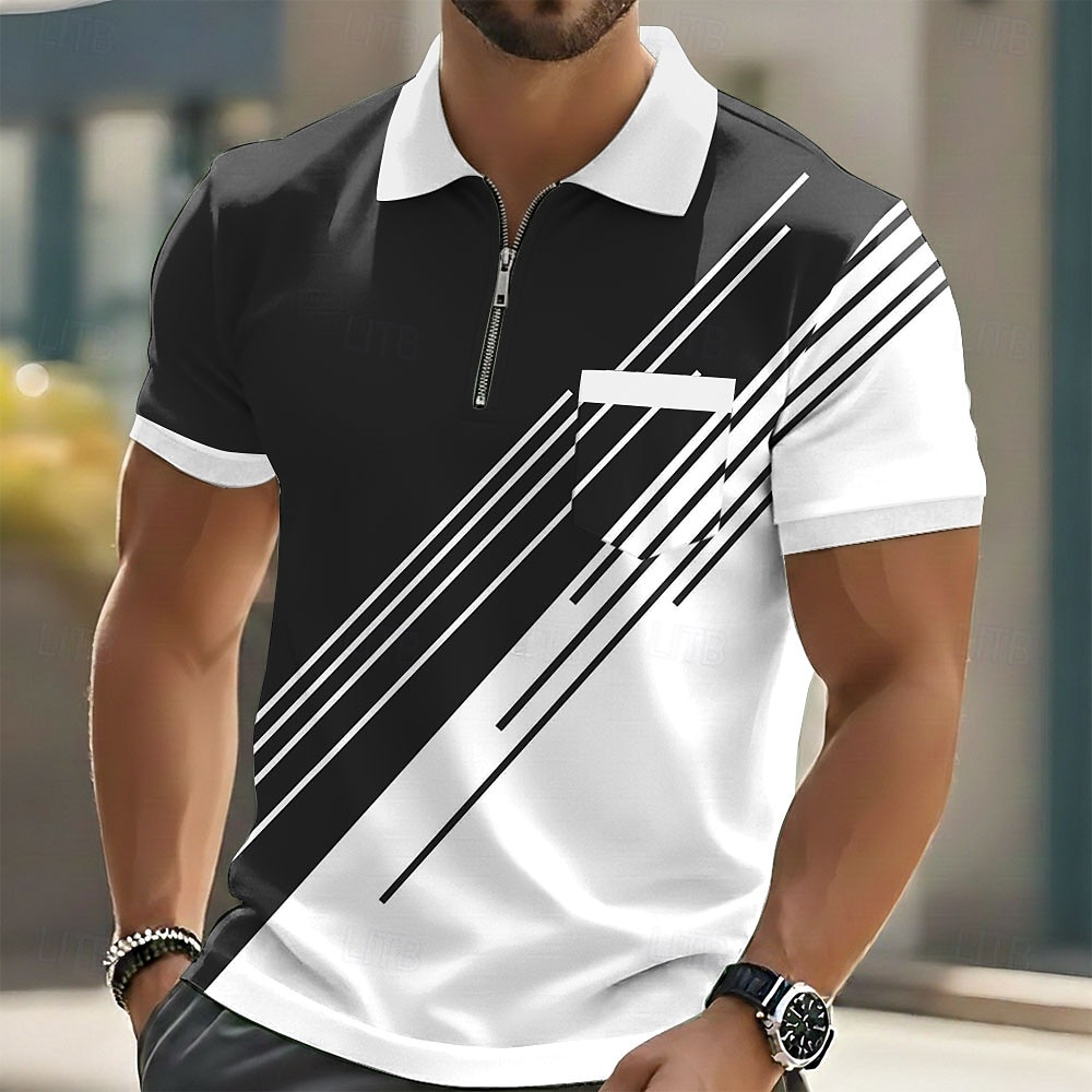 Homens Geométrico Camisas Polo Manga Curta Camisas polo Lapela Casual Ao ar livre Feriado Roupa Diária Bolsos Impressão 3D Primavera Verão Azul Preto Roxo de 2026 por $22.99 –P5