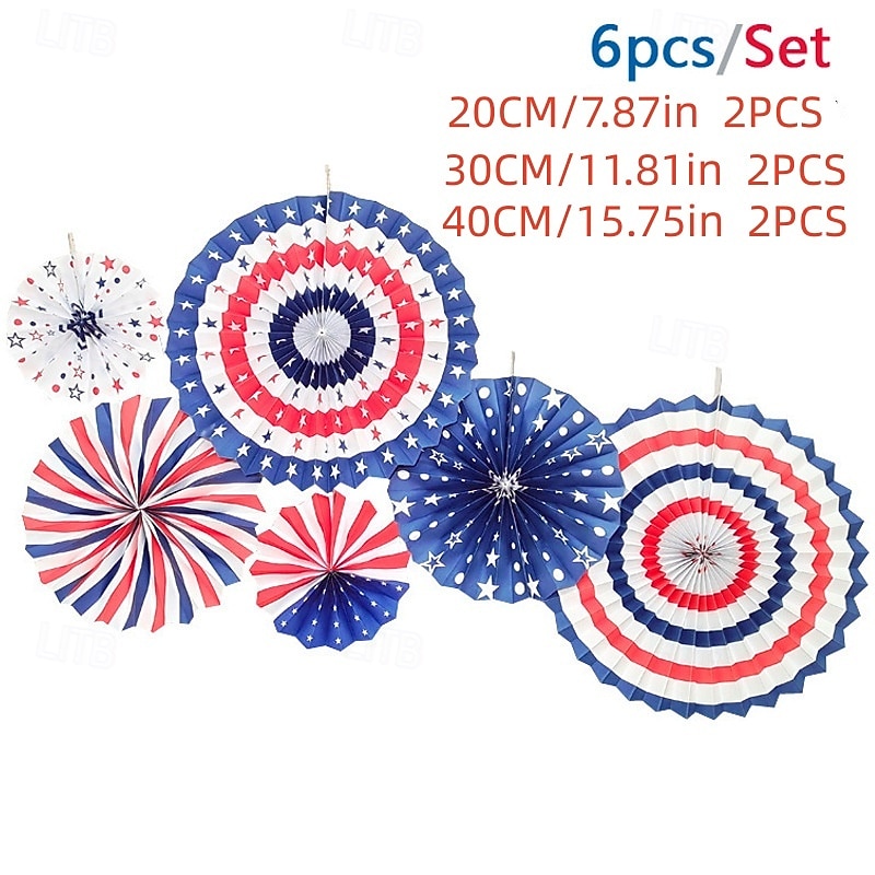 Zestaw 14 dekoracji na imprezę z okazji 4 lipca, wachlarze papierowe w kolorze czerwono-biało-niebieskim z okazji 4 lipca, proporczyk z flagą USA, pompony, zasłony z foliowych frędzli, wstążka w 2026 - $23.99 –P4
