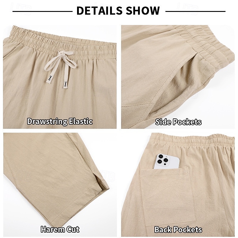 Hombre Pantalones de lino Pantalones Pantalones bombachos holgados Correa Cintura elástica Plano Comodidad Transpirable Longitud total Diario Exterior Festivos Vacaciones Moda Negro Blanco Rígido 2026 - $28.99 –P6