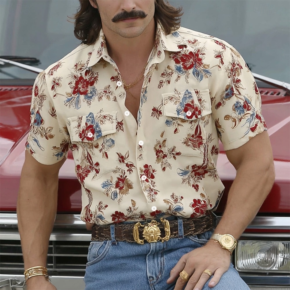 Men's Floral Print Flowers Shirt Western Shirt Cowboy Shirt Short Sleeve Vintage Retro Casual Outdoor WorkWear Summer Spring Turndown 3D Print Front Two Pockets Linen Like Shirt Purple Khaki 2026 - $25.99 –P2