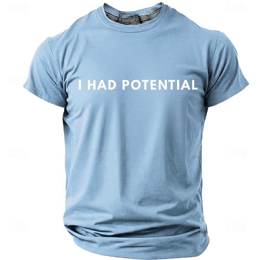 Heren T-shirt met de tekst "I had potential" (grappig, sarcastisch, minimalistisch, meme), normale pasvorm, begaafd, kind, burn-out, humor, casual, dagelijkse designerkleding, maten S, M, L, XL, XXL, 2026 - $19.99 –P9
