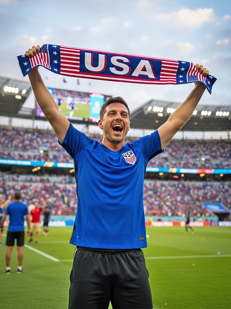 Bufanda de toalla de poliéster para hombre con estampado de la bandera estadounidense, bufanda suave para aficionados al fútbol, ideal para animar en los días de partido, eventos en estadios, ver deportes y para uso diario informal. 2026 - $11.99 –P3