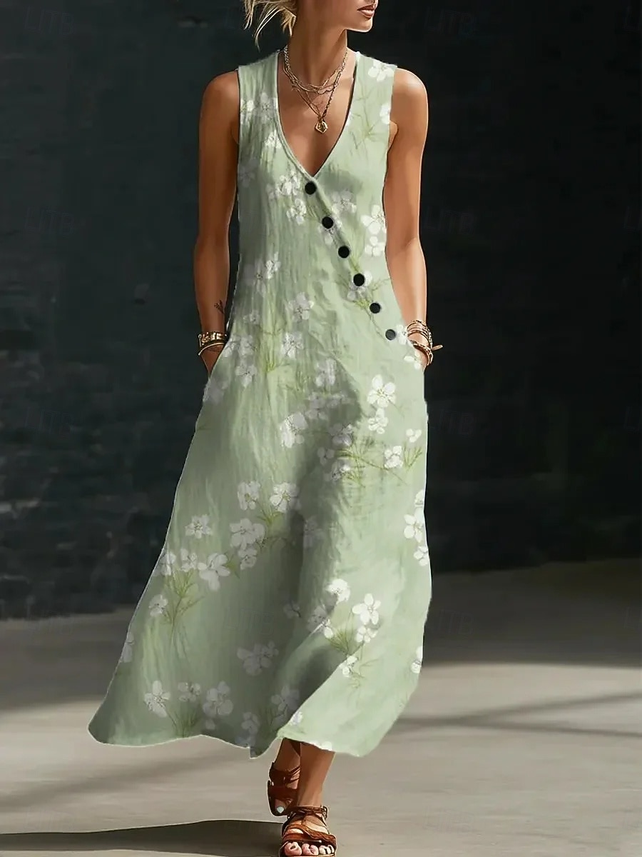 Women's Maxi Dress Boho Dress Shirt Dress Sundress Elegant Bohemia Ethnic Beach Holiday Loose Fit Floral Graphic Sleeveless V Neck Blue Green Summer Spring 2026 - $42.99 –P1