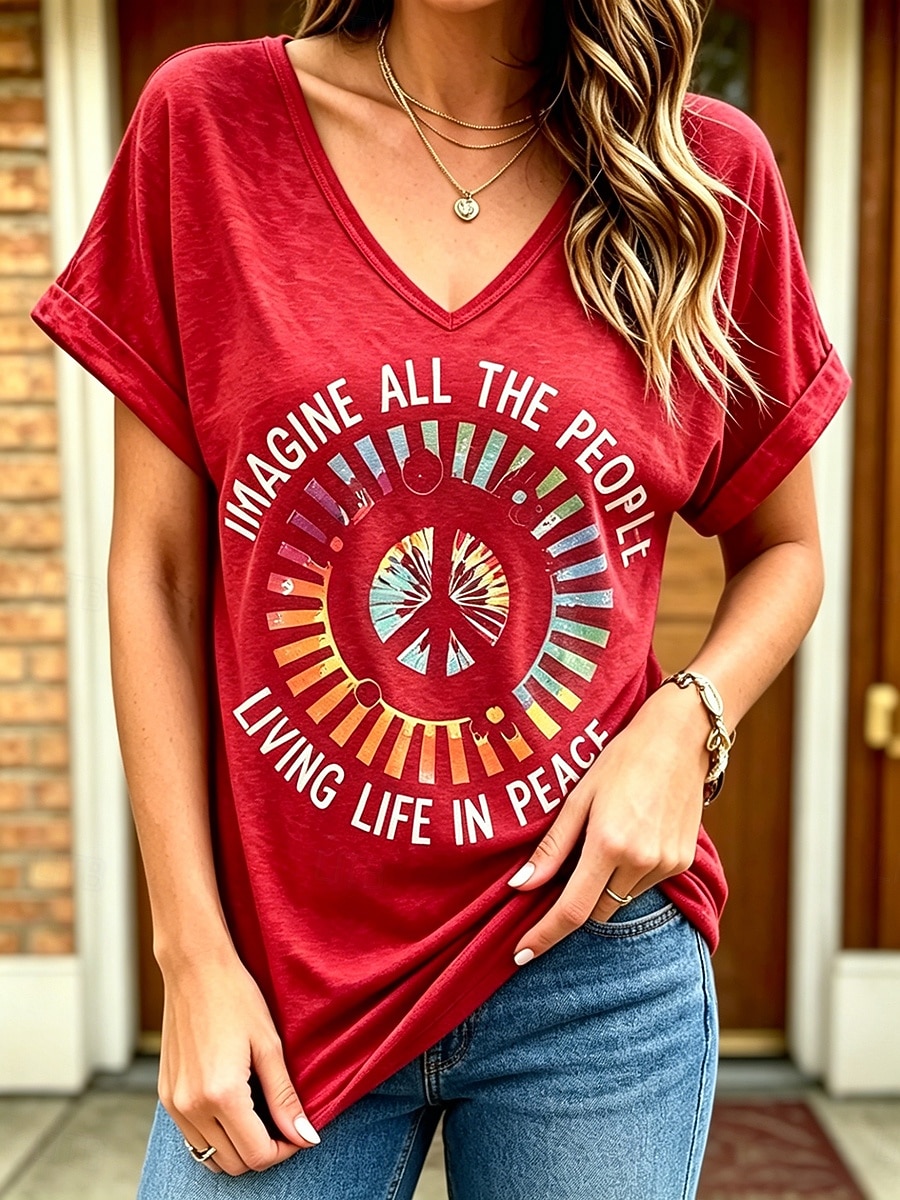 Women's T Shirt Print Graphic Letter Vintage Stylish Casual Short Sleeve V Neck Regular Tops Casual Daily Weekend Blue Black Red Purple Summer Spring 2026 - $21.99 –P1