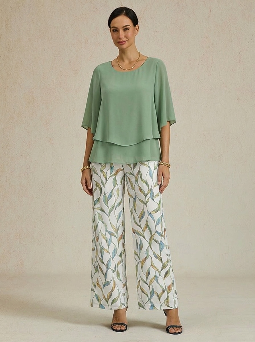 Set pantaloni largi din șifon cu imprimeu floral pentru femei, pentru nunți și ocazii elegante 2026 - $43.99 –P3