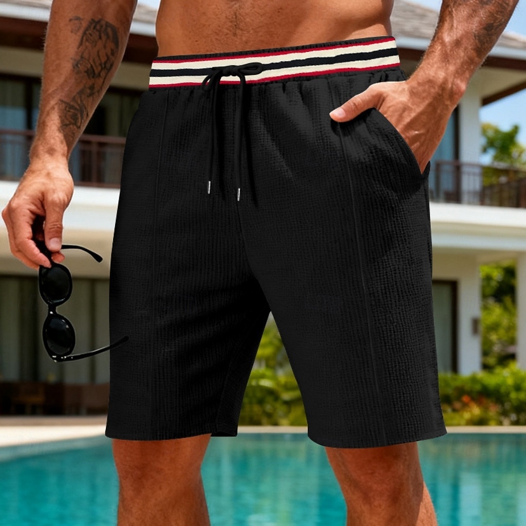 Men's Waffle Shorts Shorts Summer Shorts Beach Shorts Casual Shorts Drawstring Pocket Elastic Waist Striped Comfort Breathable Knee Length Outdoor Beach Vacation Vacation Fashion Black White 2026 - $17.99 –P18