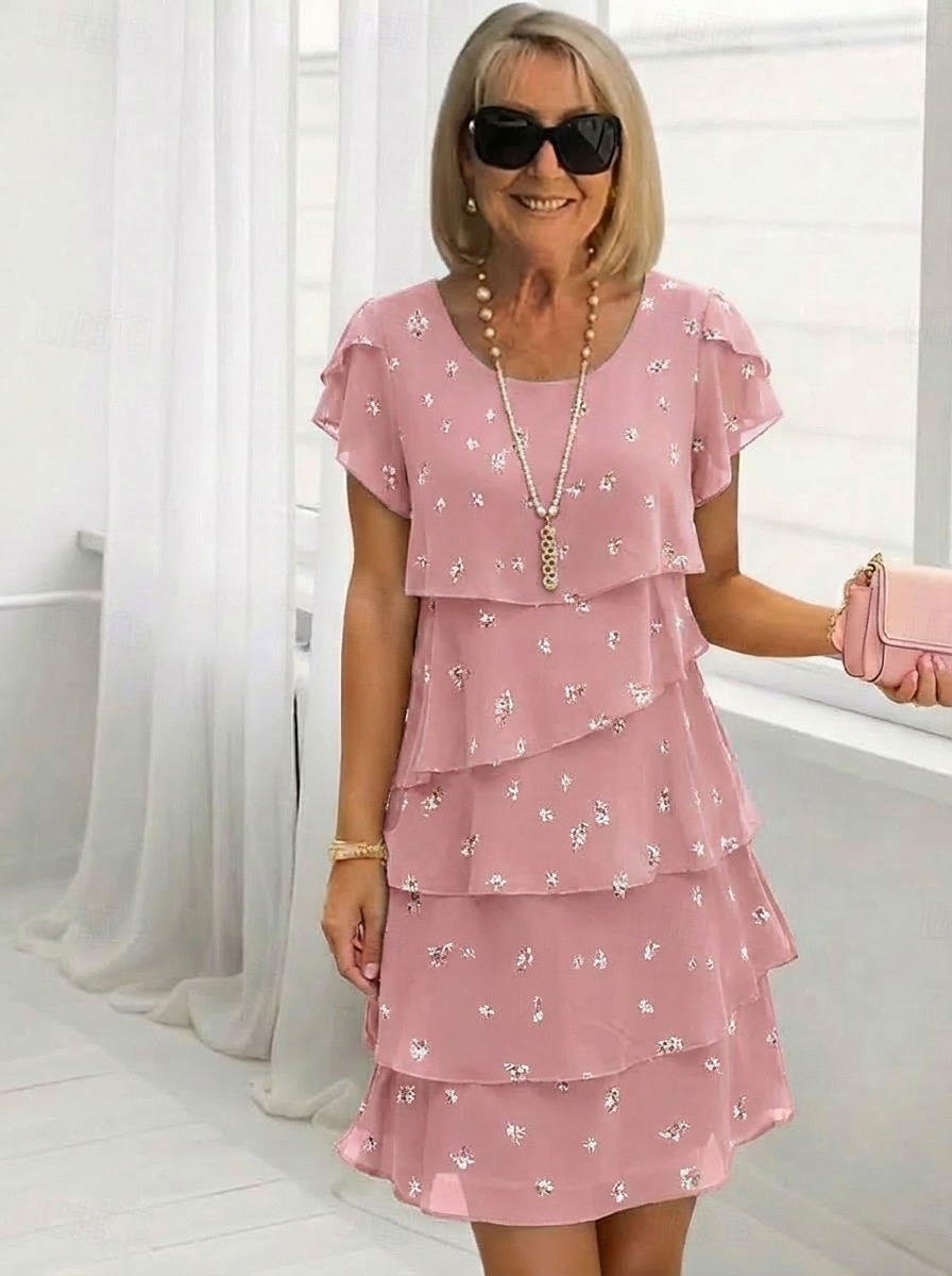 Dam Knälång klänning Chiffongklänningar Blommig klänning Elegant Mode Modern Semester Fest Helgen Normal Blommig Kortärmad Rund hals Blå Rodnande Rosa Sommar Vår 2026 - $34.99 –P1