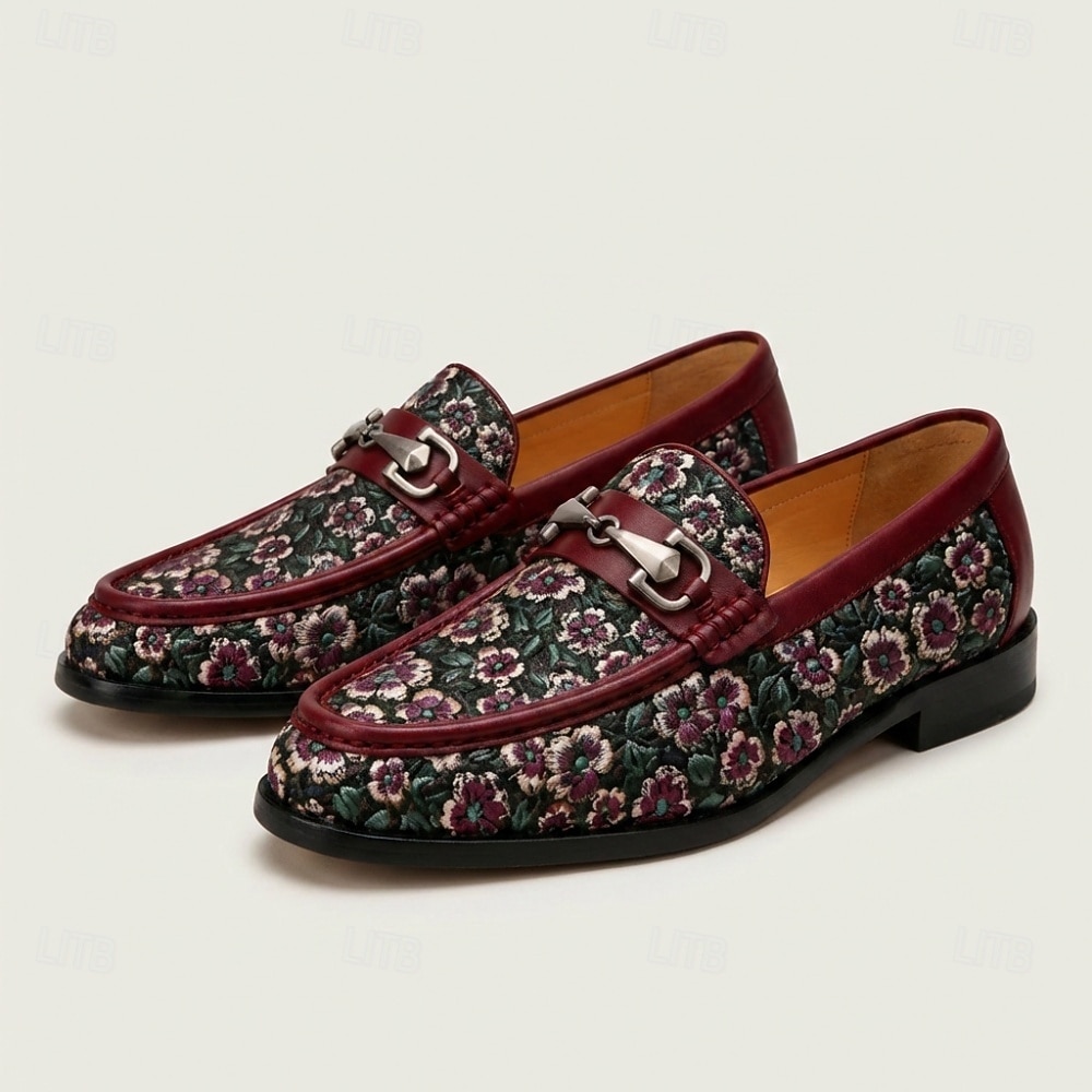 Herrloafers i vinröda blommiga jacquardmönster med slip-on-detaljer, eleganta statement-skor för bröllopsgäster, banketter, fester, mottagningar och kvällsevenemang 2026 - $109.99 –P4