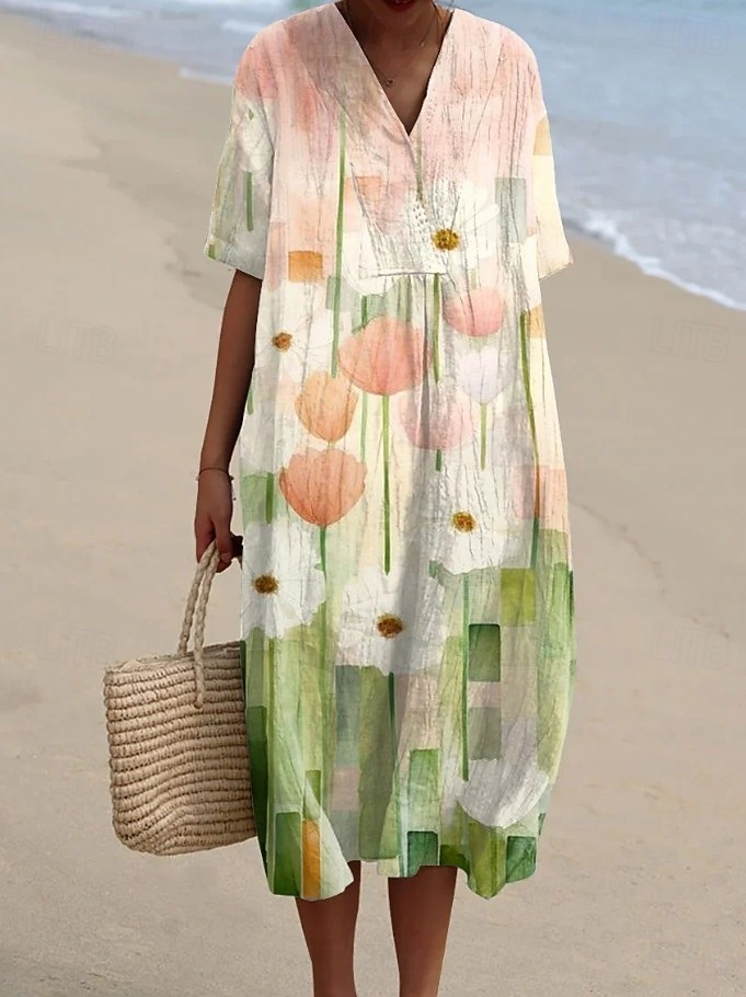 Women's Midi Dress Shift Dress Sundress Vacation Casual Beach Daily Going out Loose Fit Ombre Floral Graphic Short Sleeve V Neck Champagne Light Green Green Beige Summer Spring 2026 - $39.99 –P7