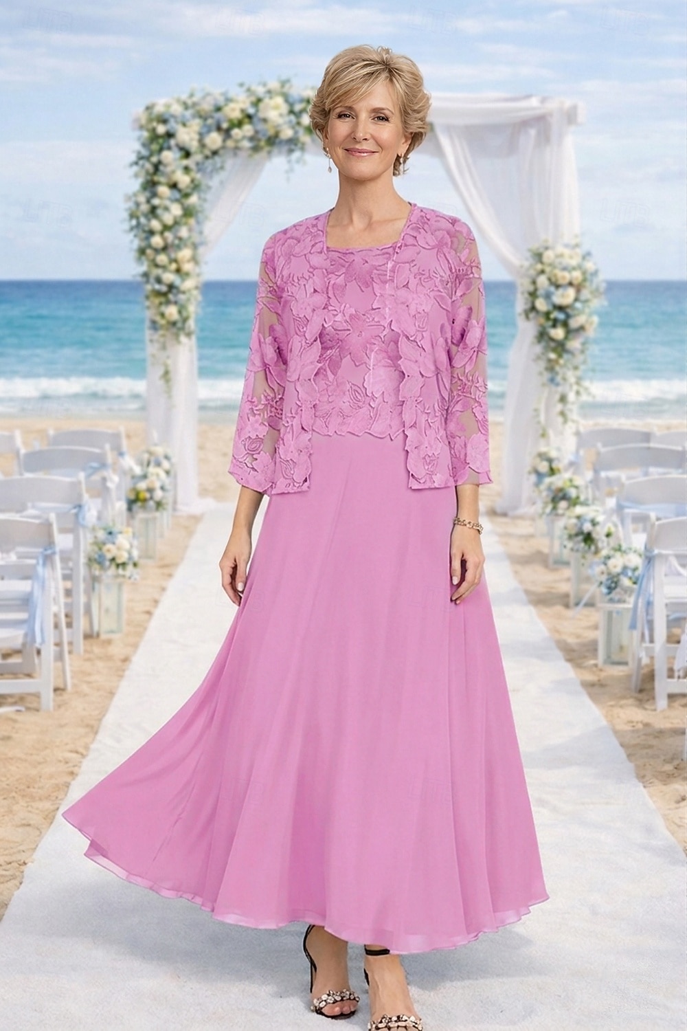 Zweiteilig Kleid-Sets Knöchellänge Kleid für Hochzeitsgäste Brautmutterkleid Langarm Rundhalsausschnitt Elegant Hochzeitsgast Kirche Chiffon mit Spitze Stickerei 2026 - $195.99 –P13