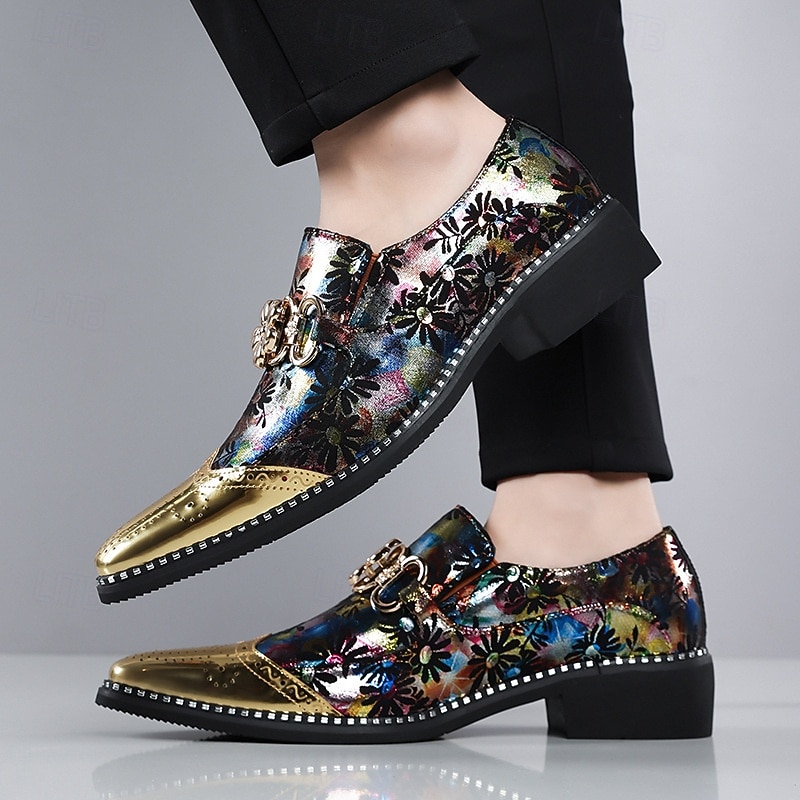 Geklede herenschoenen met bloemenprint, spitse neus en metallic neuskap, modieuze instappers voor stijlvolle mannen, ideaal voor feesten, bruiloften, banketten en podiumoptredens. 2026 - $54.99 –P5