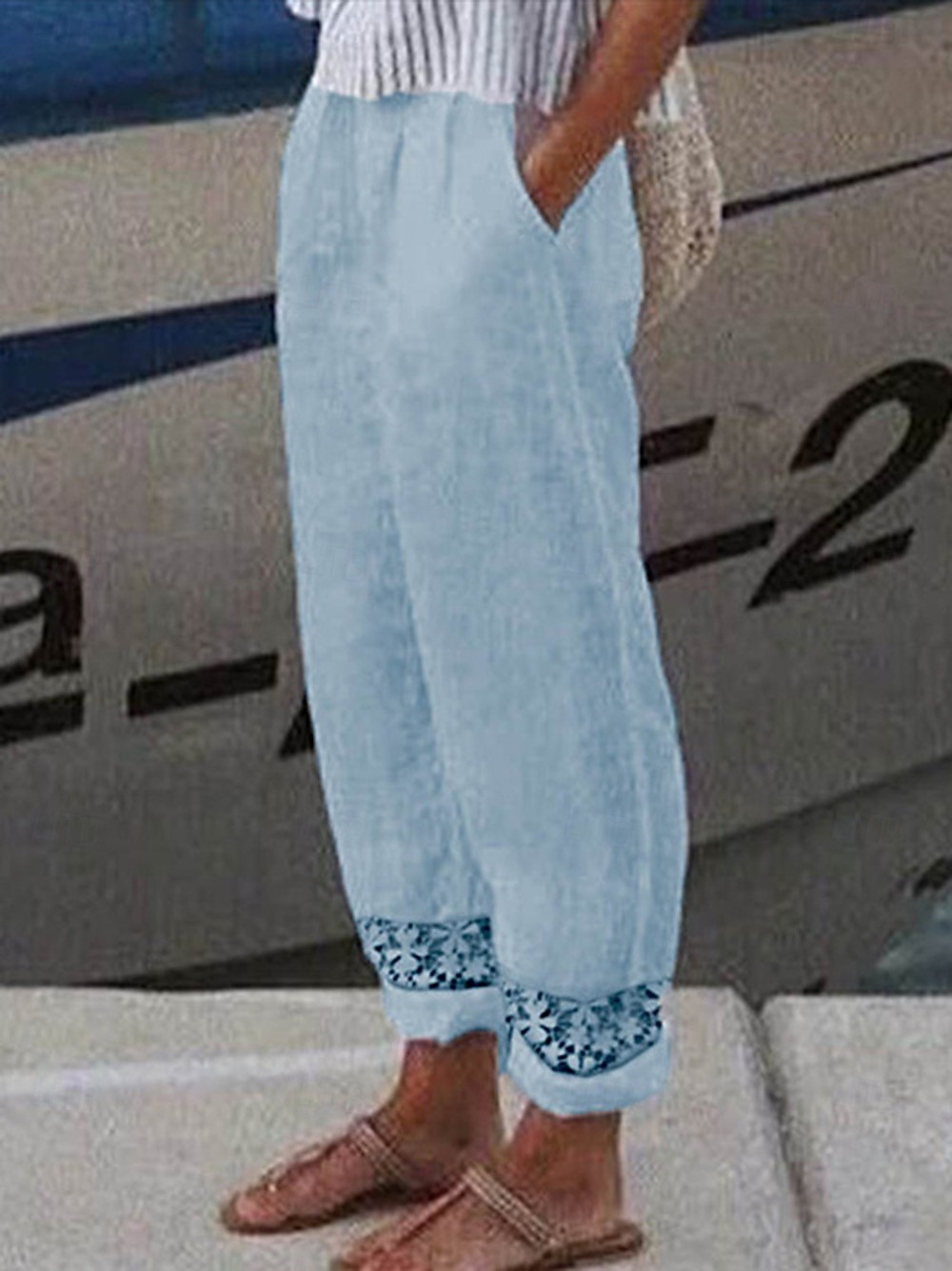 Dámské kalhoty ze 100% bavlny, letní kalhoty, volnočasové, denní, celopropínací, přírodní, jednobarevné, se stahovací šňůrkou, boční kapsy, výstřih, prodyšné, pohodlné, neelastické, na víkend, bílá, modrá, světle šedá, šedá 2026 - $12.49 –P3