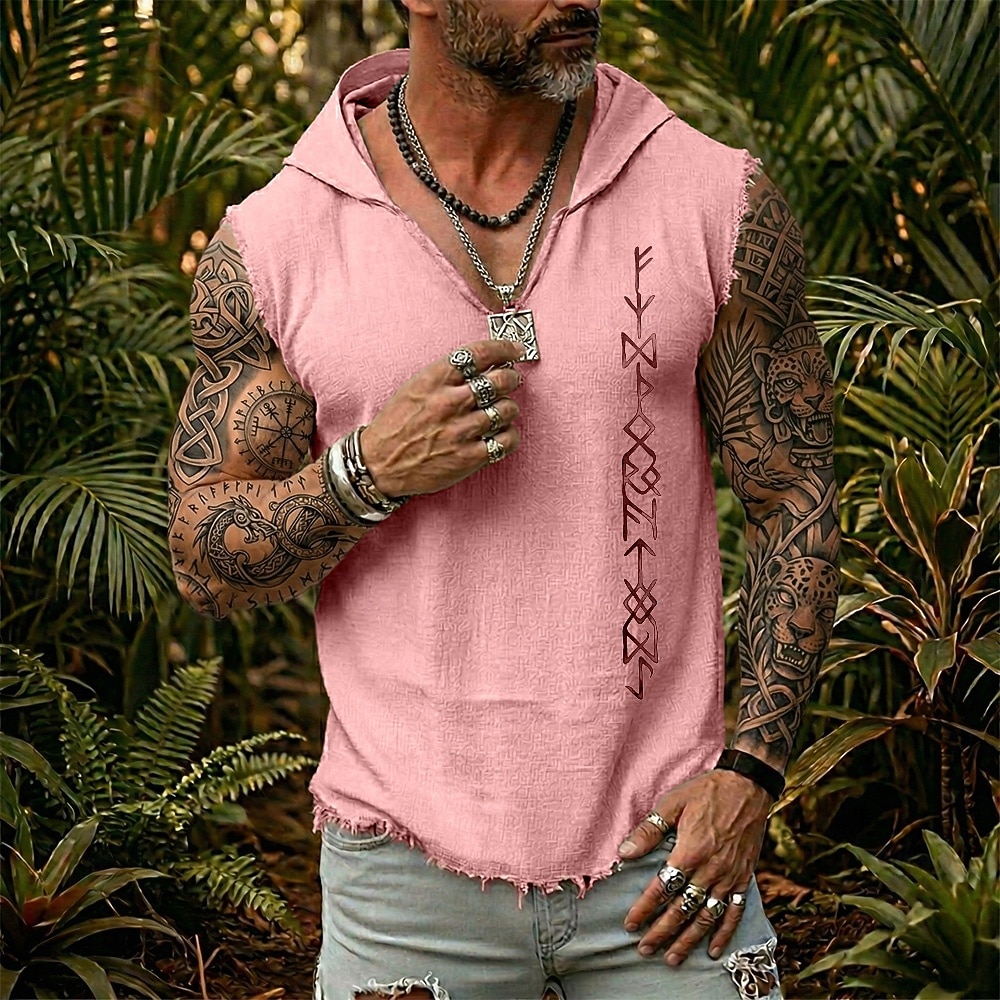 Herren-Weste mit Wikinger-Runen, nordischen Futhark-Mustern, heidnischem Krieger-Boho-Tribal-Stil, ärmellos, Kapuze, Grafik, ausgefranstem Saum, lockerer Passform, Sommer, Strand, Festival, 2026 - $19.99 –P3