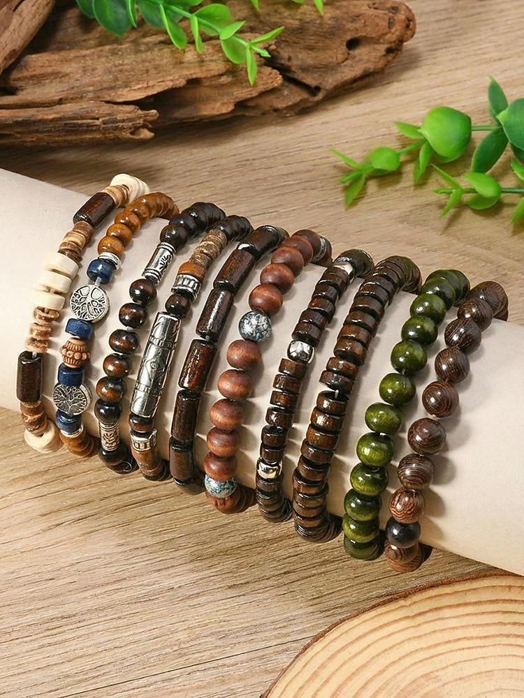 Σετ ανδρικών βραχιολιών με ξύλινες χάντρες μποέμ, 10 ελαστικά βραχιόλια με χάντρες που στοιβάζονται για διακοπές στην παραλία, καθημερινή casual ένδυση, ταξίδια και φεστιβάλ 2026 - $11.99 –P5