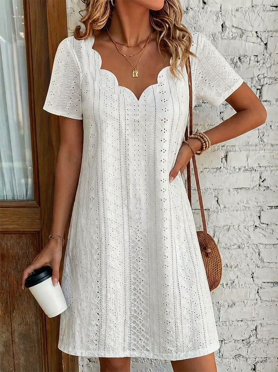 Mujer Vestido hasta la Rodilla Vestido blanco Vestido de verano Vestido con ojales Elegante Moda Moderno Playa Vacaciones Festivos Ajuste regular Plano Manga Corta Escote en Pico Azul Piscina Blanco 2026 - $21.99 –P1