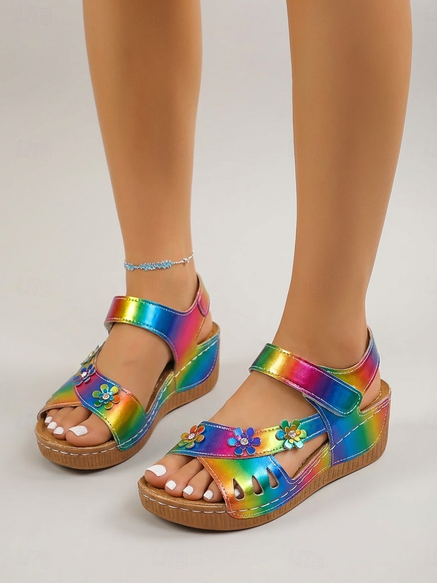 Sandali con zeppa casual colorati da donna – scarpe estive decorate con fiori, sandali aperti con velcro regolabili per feste in giardino e viaggi &abbigliamento quotidiano del 2026 a $26.99 –P2