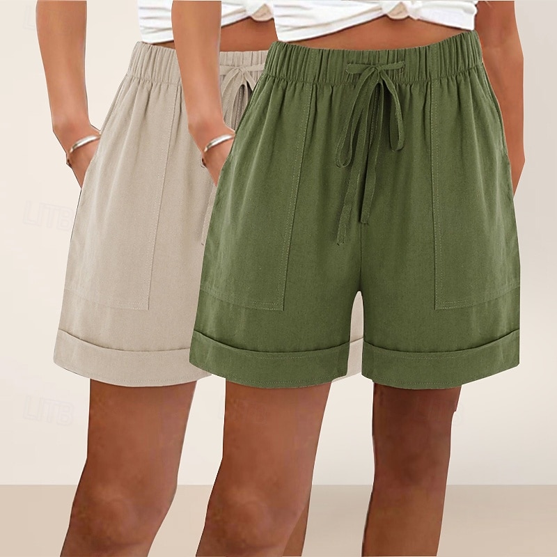 pachete multiple 2 buc pantaloni scurți de damă din bumbac și in, pantaloni scurți de vară, pantaloni scurți de plajă, vacanță, pantaloni scurți simpli, talie înaltă, simplu, cu buzunar, talie elastică, confortabili, moi, confortabili, neelastici, zilnic, 2026 - $31.99 –P5