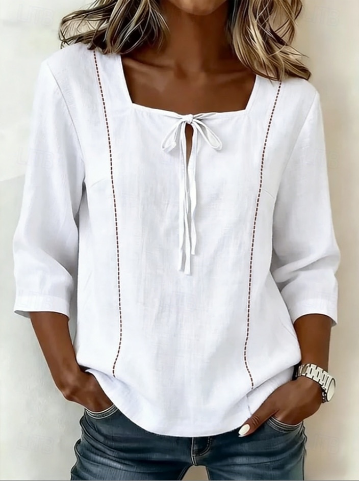 Damen Hemd Bluse Einfach Gestreift Stilvoll Klassisch Modern Dreiviertelarm Quadrathals Lange Oberteile Lässig Täglich Strand Weiß Gelb Marineblau Himmelblau Aprikose Sommer Frühling 2026 - $12.99 –P7