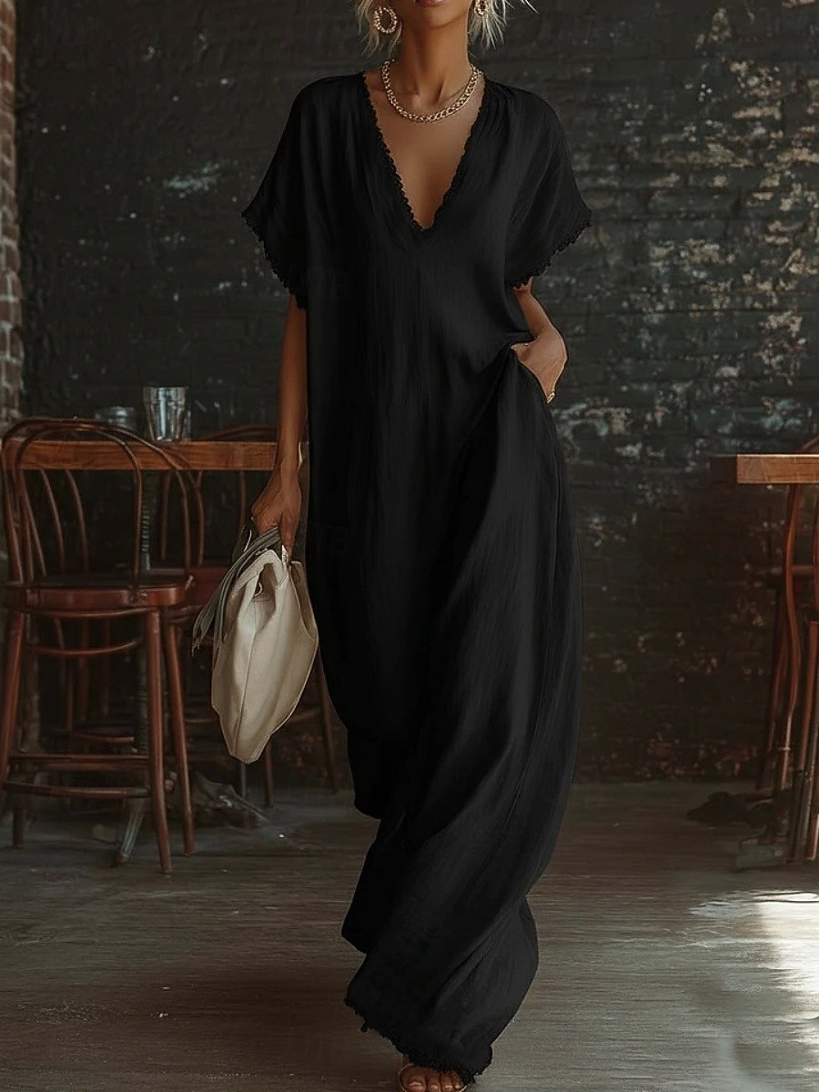 Per donna Abito maxi Abiti effetto lino Abito a trapezio Casual Quotidiano Vestibilità comoda Semplice Manica Corta Scollo a V Blu Nero Bianco Giallo Estate Primavera del 2026 a $37.99 –P3