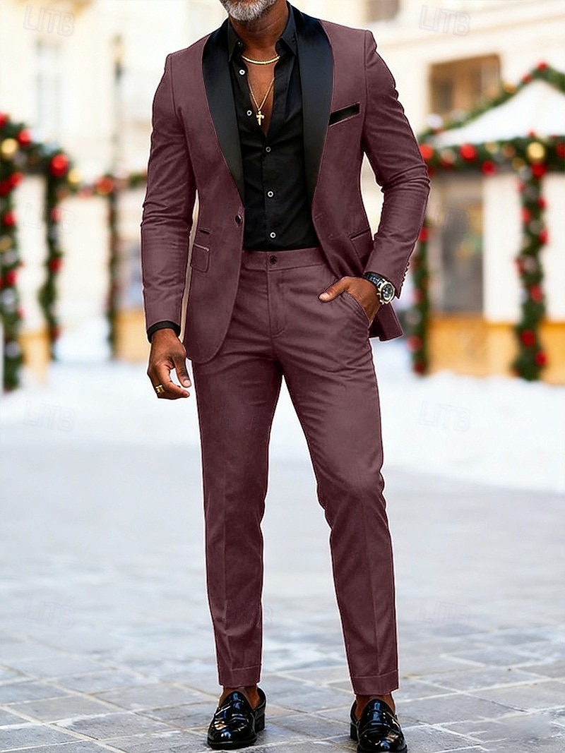 Men's Blazer+Dress Pants Suits Business Cocktail Party Wedding Party Fashion Casual Spring Fall Polyester Plain Pocket Buttons Comfortable Single Breasted Blazer Black Red Burgundy Green 2026 - $93.99 –P4
