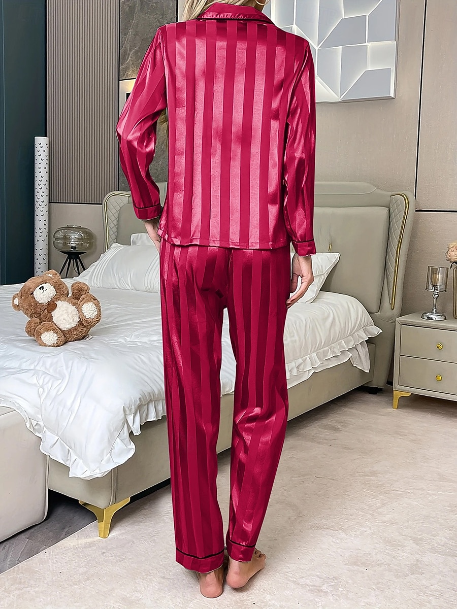 Women's Loungewear Pajama Set Fashion Simple Casual Pure Color Satin Silky Pajamas Pyjamas Elastic Waist Buttons Pant Home Vacation Long Sleeve Shirt Collar Black White Red Green Spring Fall Regular 2026 - $27.99 –P4