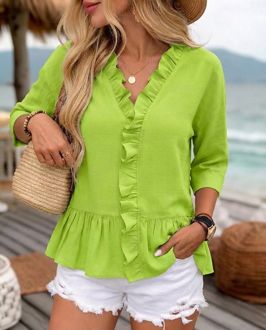 Koszula damska 100% bawełniana bluzka koszula z falbanami patchwork jednolity kolor casualowa stylowa klasyczna nowoczesna długi rękaw dekolt w serek regularne bluzki na co dzień wakacje na wyjście 2026 - $22.99 –P1