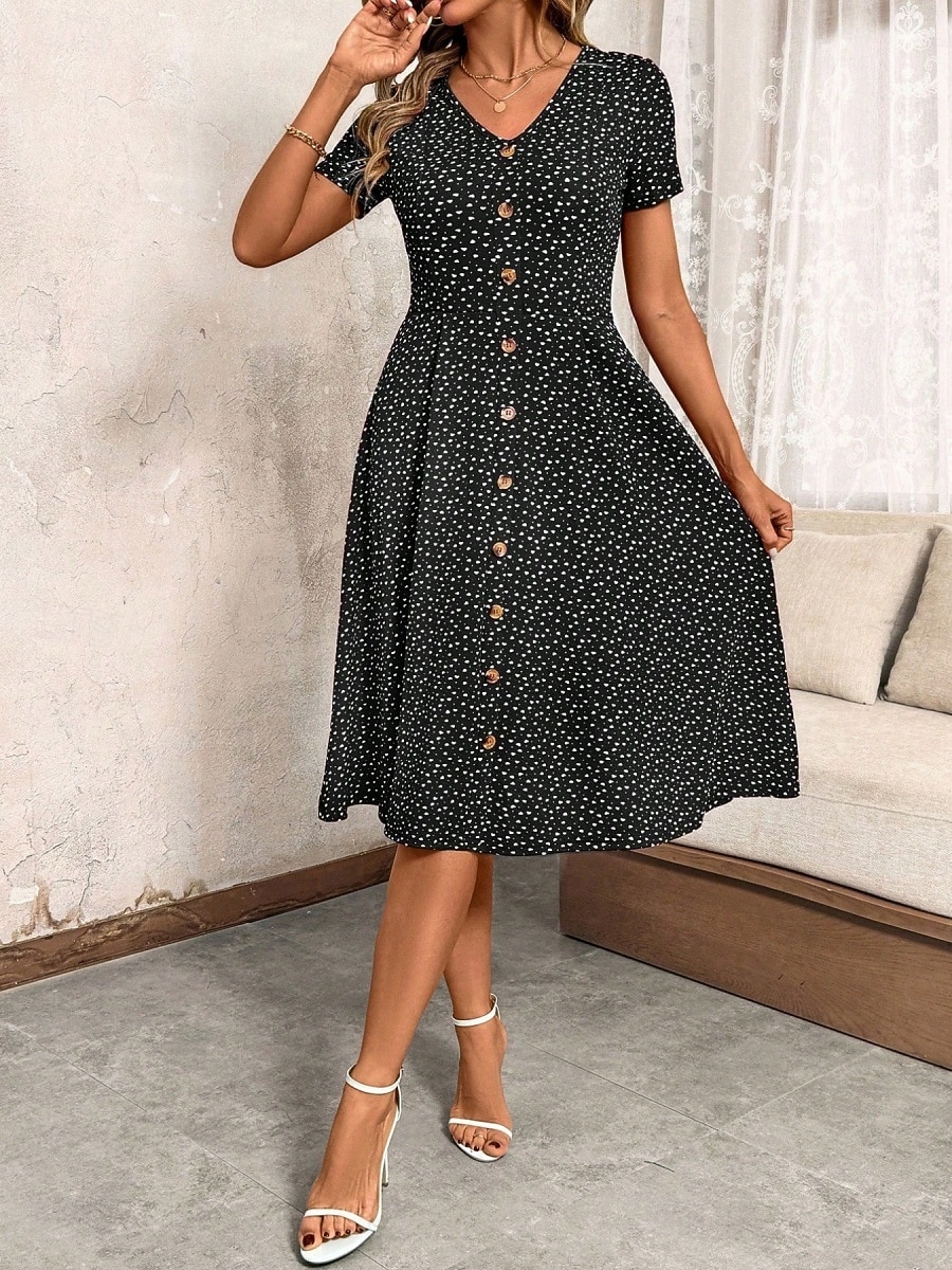 Women's Midi Dress A Line Dress Casual Outdoor Going out Regular Fit Polka Dot Short Sleeve V Neck Navy Black Wine Green Summer Spring 2026 - $27.99 –P11