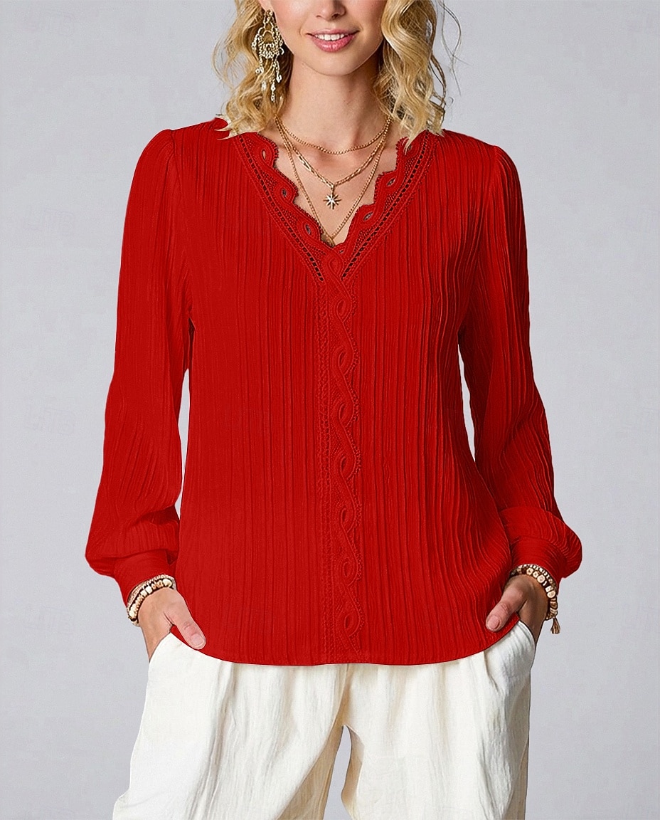 Women's Elegant T Shirt Lace Splicing Top Lace Patchwork Solid Color Elegant Stylish Basic Long Sleeve V Neck Regular Tops Daily Going out Weekend White Red Purple Orange Green Summer Spring Fall 2026 - $22.99 –P4