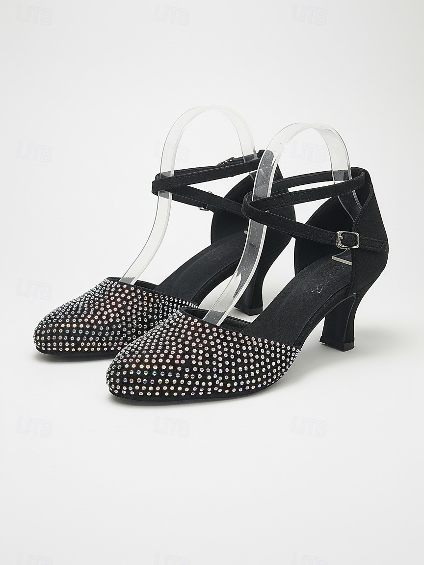 Scarpe da ballo da sala nere da donna, con punta chiusa e cinturino incrociato con strass, ideali per la pratica di balli standard, valzer e tango. & formazione del 2026 a $64.99 –P4
