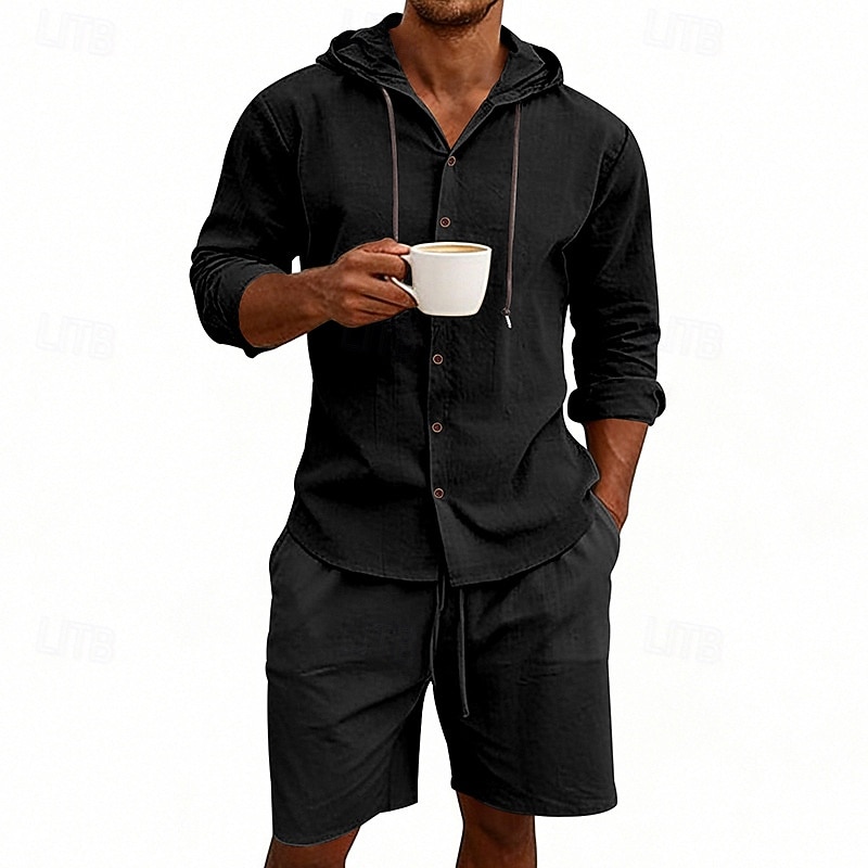 Ανδρικά Πουκάμισο λινό 2 Κομμάτια Σετ πουκαμίσου Και Σορτσάκια Σορτς από λινό Σορτς παραλίας Σειρά Σκέτο Καθημερινά ΕΞΩΤΕΡΙΚΟΥ ΧΩΡΟΥ Διακοπές Με Κουκούλα Μακρυμάνικο Καλοκαίρι Άνοιξη 2026 - $36.99 –P11