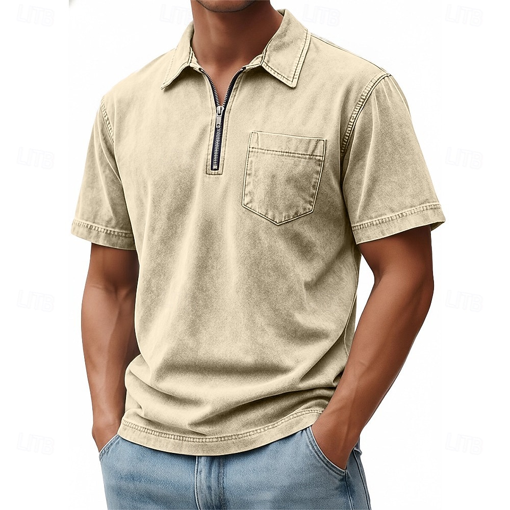 SoftFade™ Miesten Vetoketjullinen Polo 100% Puuvillaa Happopesu Paita Rentoa Päivittäinen Käyttö Neljännes Vetoketju Lyhythihainen Muoti Perus Yksinkertainen Denim Tasku Haalistunut Kesä Kevät 2026 - $31.99 –P4