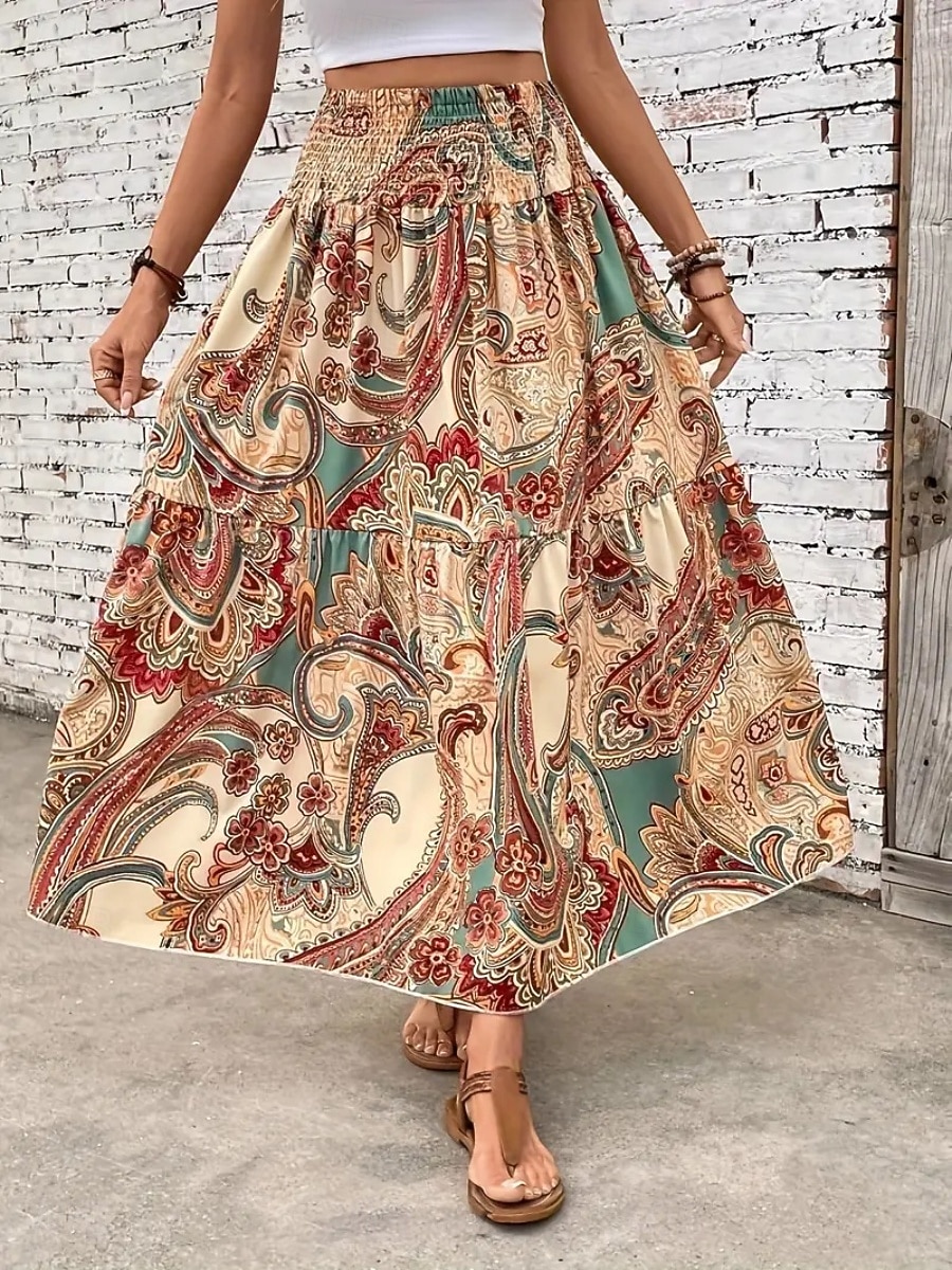 Mujer Falda de vacaciones Bohemia Vintage Casual Maxi Alta cintura Faldas Cachemir Estampado Elástico Diario Calle Negro Vino Rojo Naranja Verano 2026 - $26.99 –P7