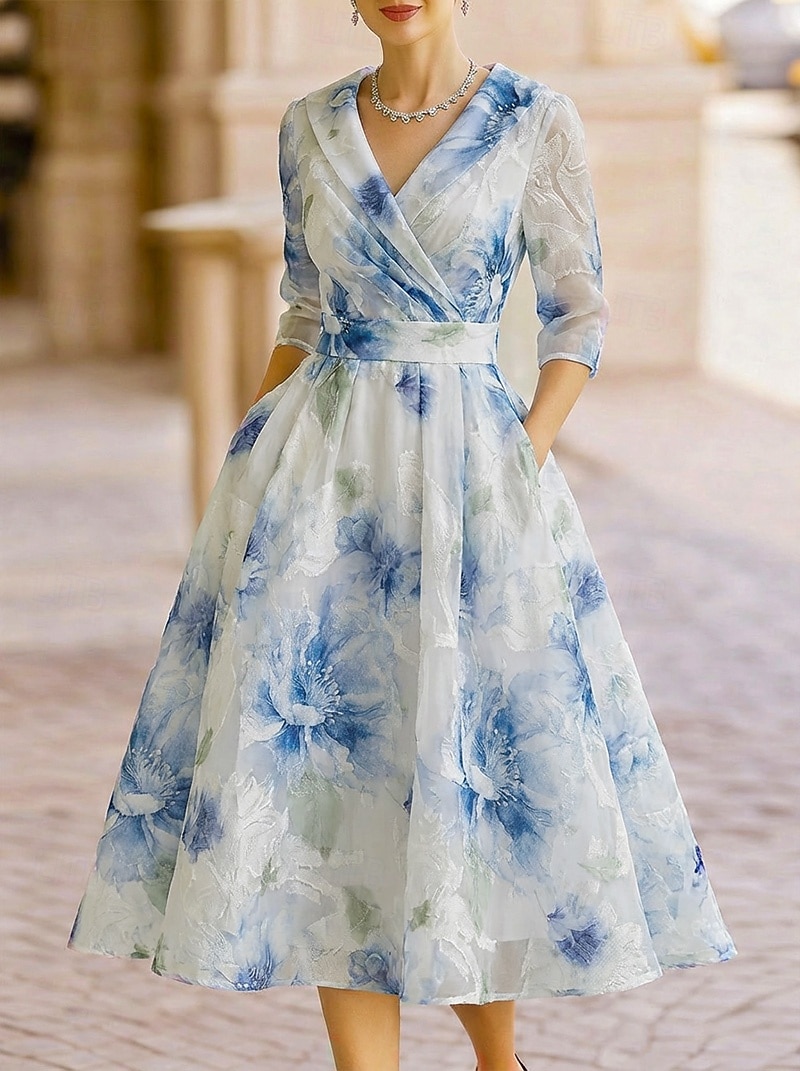 A-Line Tea Length Party Dress Cocktail Dress Wedding Guest Dress Mother of the Bride Dress 3/4 Length Sleeve V Neck Shirt Collar Elegant Vintage Formal Organza Jacquard with Floral Print 2026 - $174.99 –P4