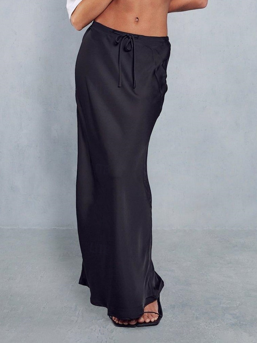 Per donna Gonne in raso Elegante Moda Maxi Vita Alta Gonne Semplice Coulisse Micro-elastico Feste Data Nero Blu marino Marrone chiaro Marrone Estate del 2026 a $40.99 –P16