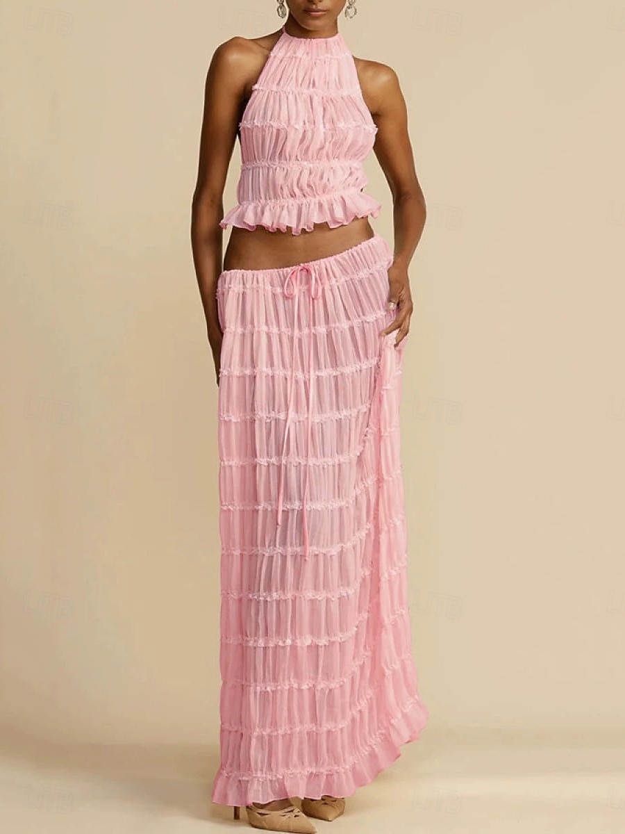 Women's Two Piece Sets Skirt Sets Sleeveless Halter Neck Solid Color Plain Patchwork Fashion Streetwear Casual Daily Outdoor Blue Black Yellow Summer Regular Fit 2026 - $33.99 –P7