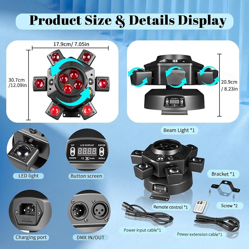 6 Arm Moving Head DJ Lights,150W RGBW LED Stage Lighting with Strobe & Bee-Eye Effect, Red/Green Starry, DMX512, Remote Control,Sound Activated,540° Rotation for Party, Clubs, Disco 2026 - $161.99 –P2