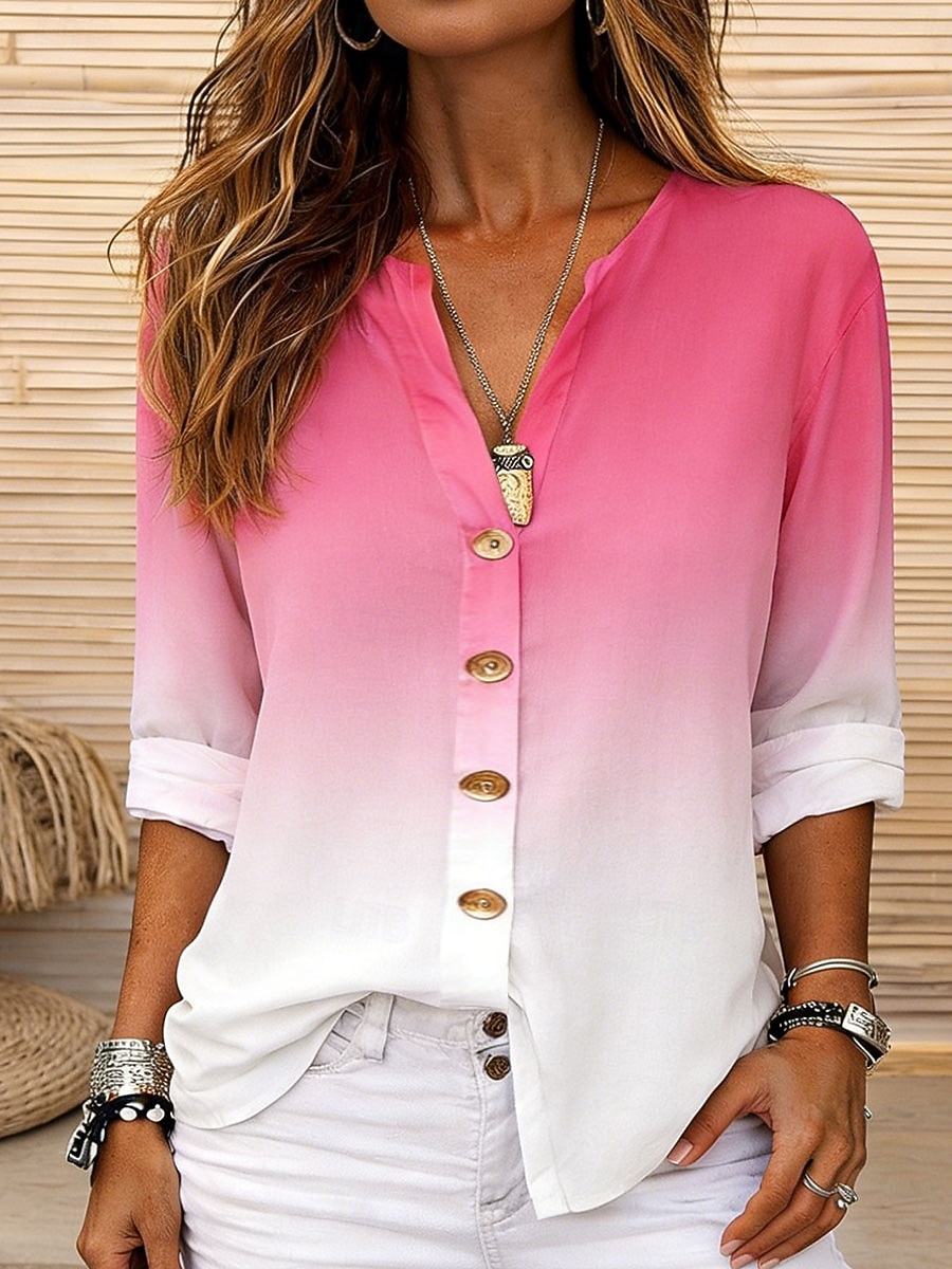 Damen Hemd Tunika Sommeroberteile Knöpfe Ombre Grafik Urlaub Vintage Täglich Langarm V Ausschnitt Normale Oberteile Täglich Ferien Ausgehen Schwarz Rosa Grün Sommer Frühling 2026 - $33.99 –P3