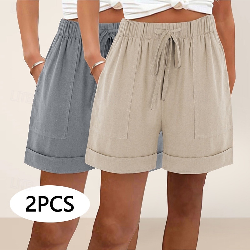 pachete multiple 2 buc pantaloni scurți de damă din bumbac și in, pantaloni scurți de vară, pantaloni scurți de plajă, vacanță, pantaloni scurți simpli, talie înaltă, simplu, cu buzunar, talie elastică, confortabili, moi, confortabili, neelastici, zilnic, 2026 - $31.99 –P1