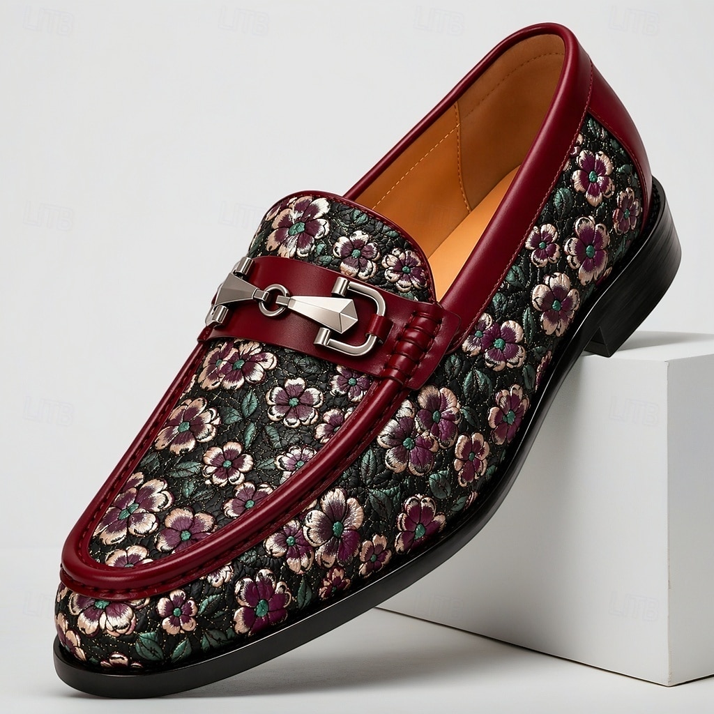 Herrloafers i vinröda blommiga jacquardmönster med slip-on-detaljer, eleganta statement-skor för bröllopsgäster, banketter, fester, mottagningar och kvällsevenemang 2026 - $109.99 –P1