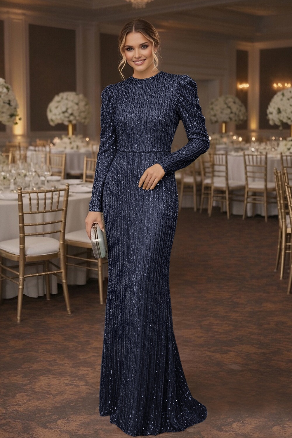 Tubino Colonna Lunghezza al pavimento Abito da invitata a nozze Abito Formale Abito da sera Abiti da Ballo Elegante Manica Lunga Girocollo Balli di fine anno Formale Con Paillettes con Glitter del 2026 a $149.99 –P7