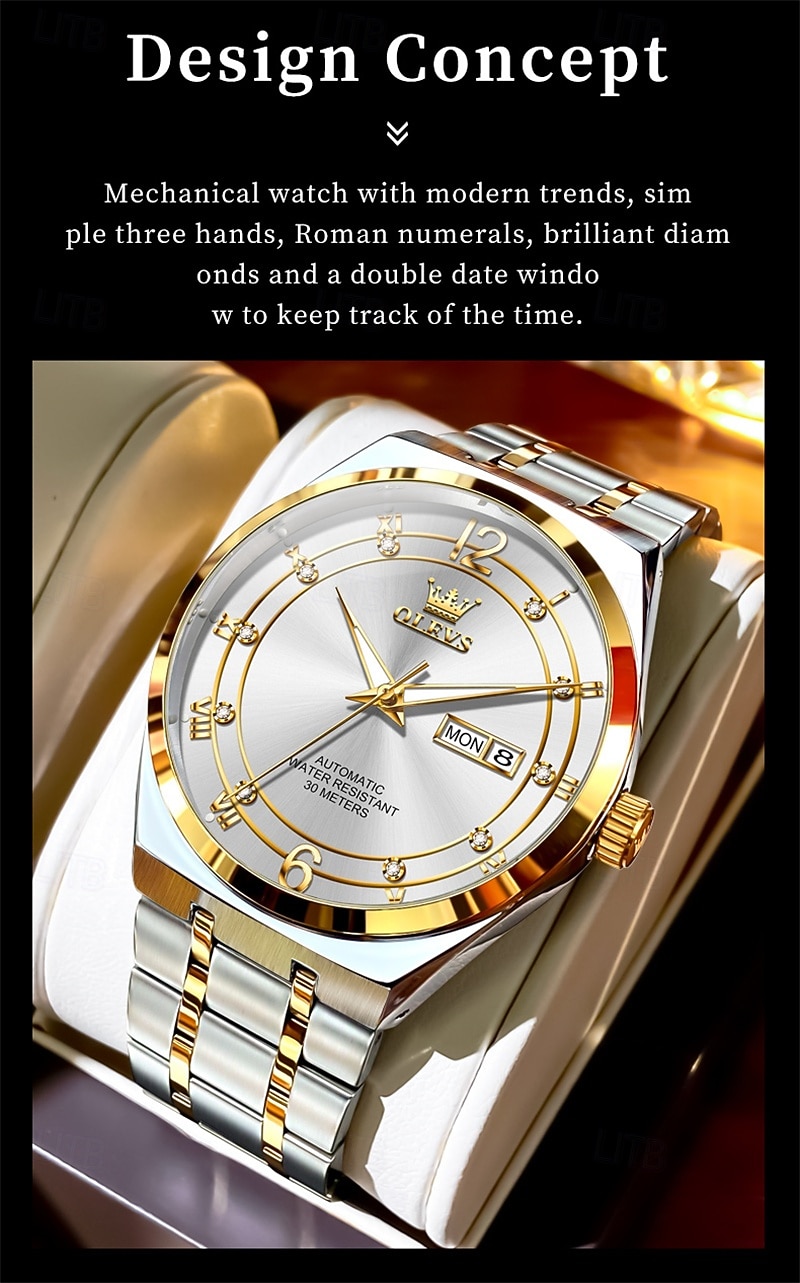 Men's Automatic Watch - Luxury Two-Tone Gold Stainless Steel Business Self Winding Wristwatch with Day Date, Waterproof Luminous Analog Dress Watch, Elegant Present for Husband Dad Son 2026 - $98.99 –P5